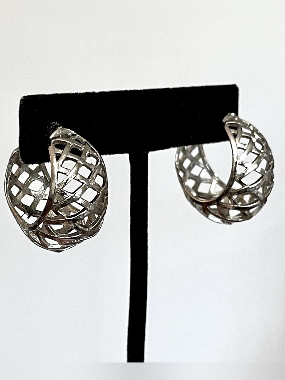Vintage Silver Geometric Woven Lattice Hoop Earrings Chunky Sculptural Basket